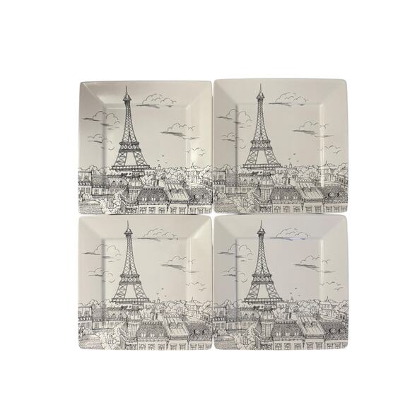 222Fifth Salad Plates Dine in a Parisian Daydream Square Eiffel Tower Set of 4 - Picture 1 of 4